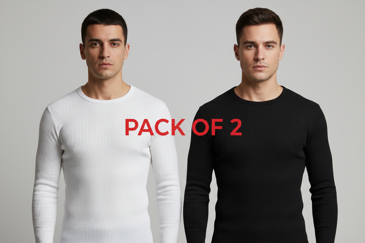 Create a realistic studio photo of two male models standing confidently, looking at the camera. One wears a fitted white ribbed thermal shirt, the other wears a fitted black ribbed thermal shirt with clearly defined rib texture and fabric details. Clean background, soft even lighting, natural skin tones, and a modern minimal look at middle write pack of 2 bold red text